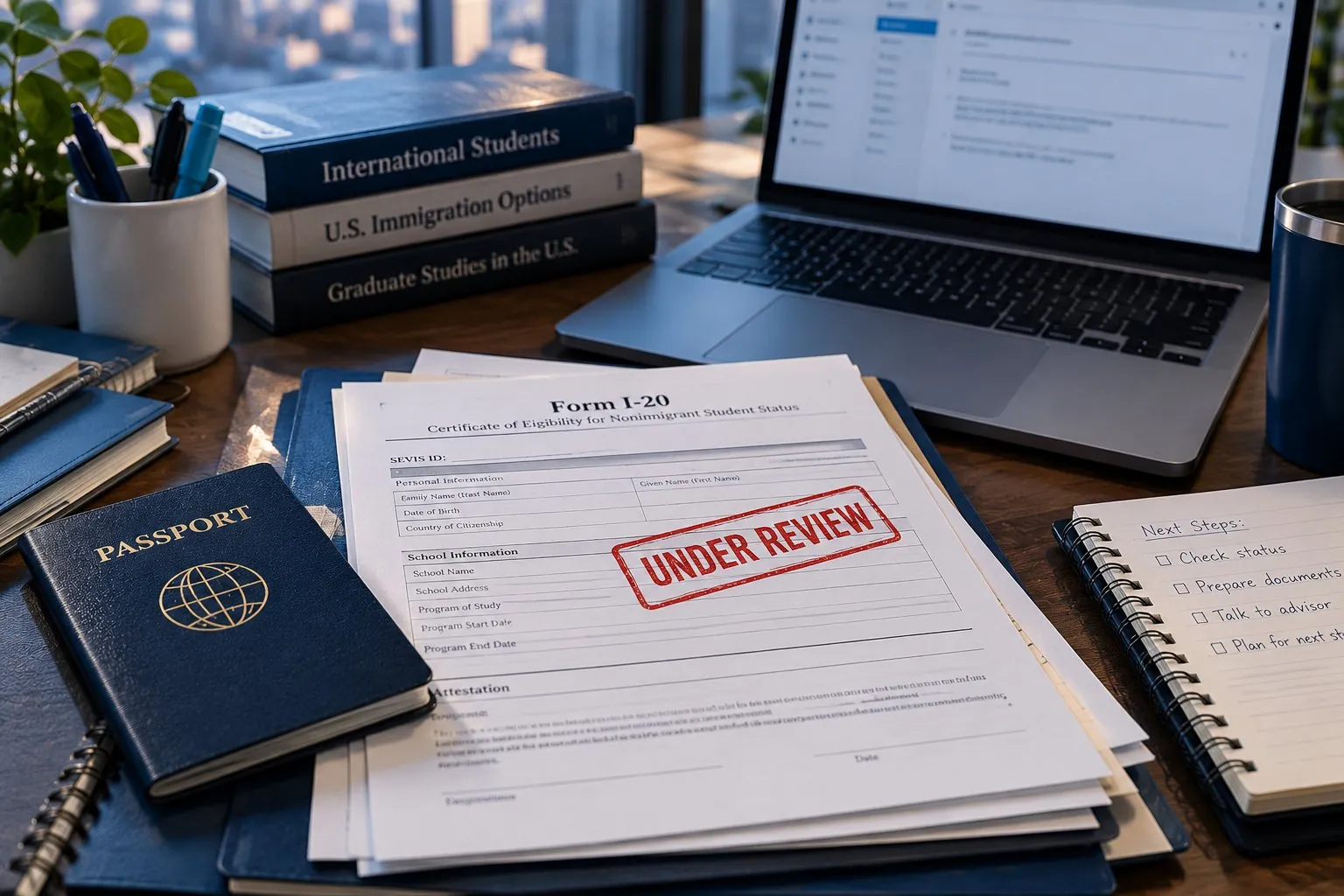 Form I-20 stamped Under Review on a desk next to a passport and a next steps notebook