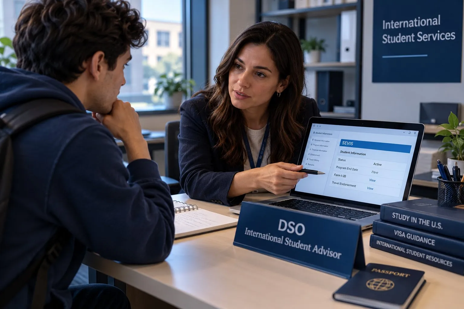 International student advisor reviewing a SEVIS record on a laptop with a student