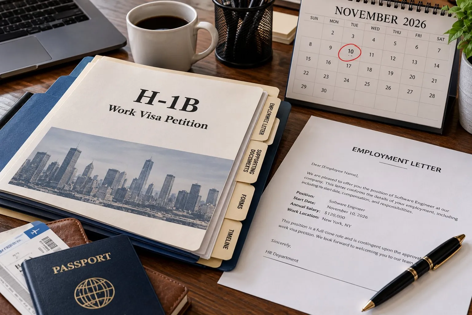 H-1B work visa petition folder next to a November 2026 calendar with the 10th circled
