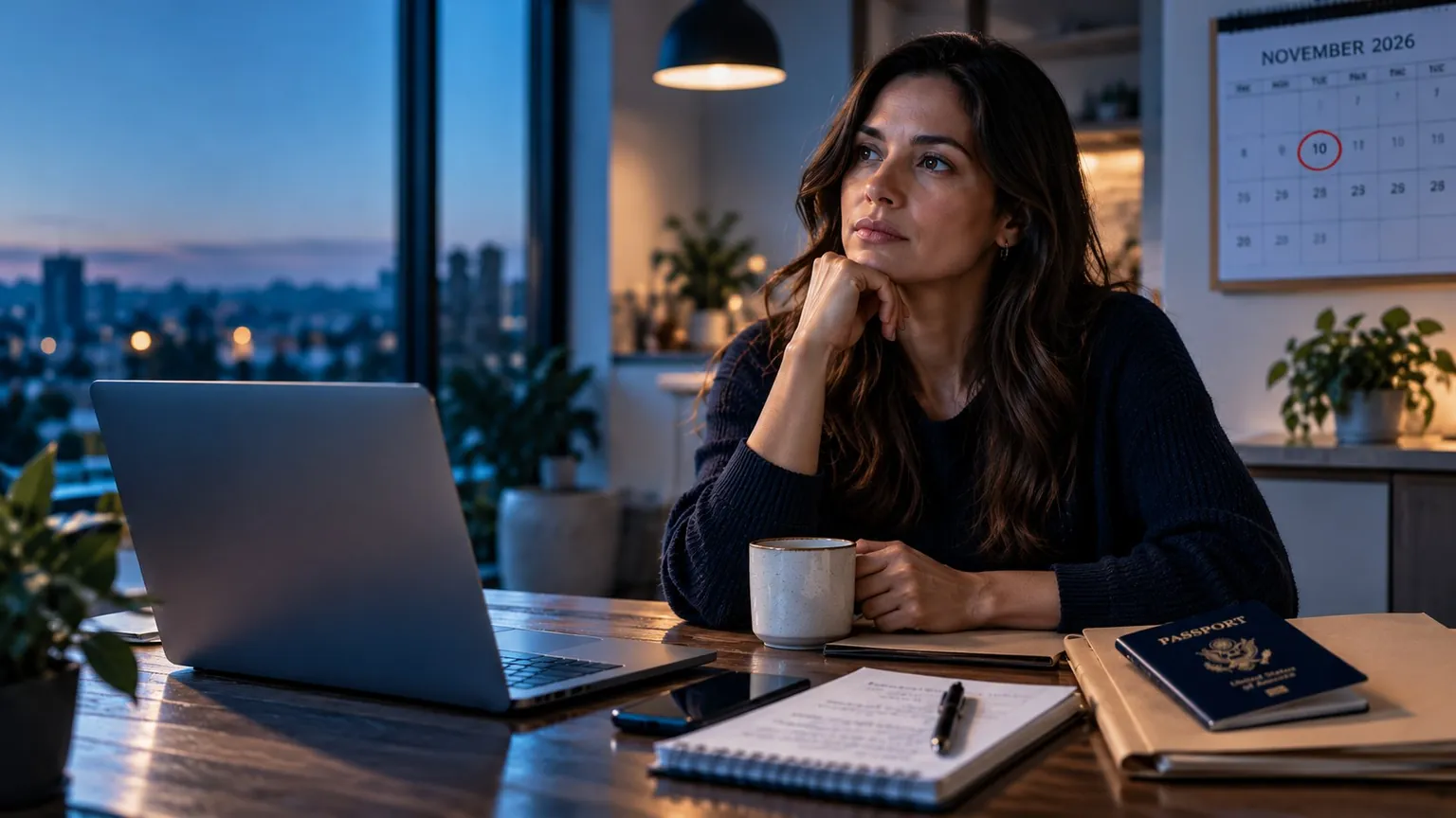 Woman at her desk at dusk with a laptop and passport, a November 2026 calendar on the wall