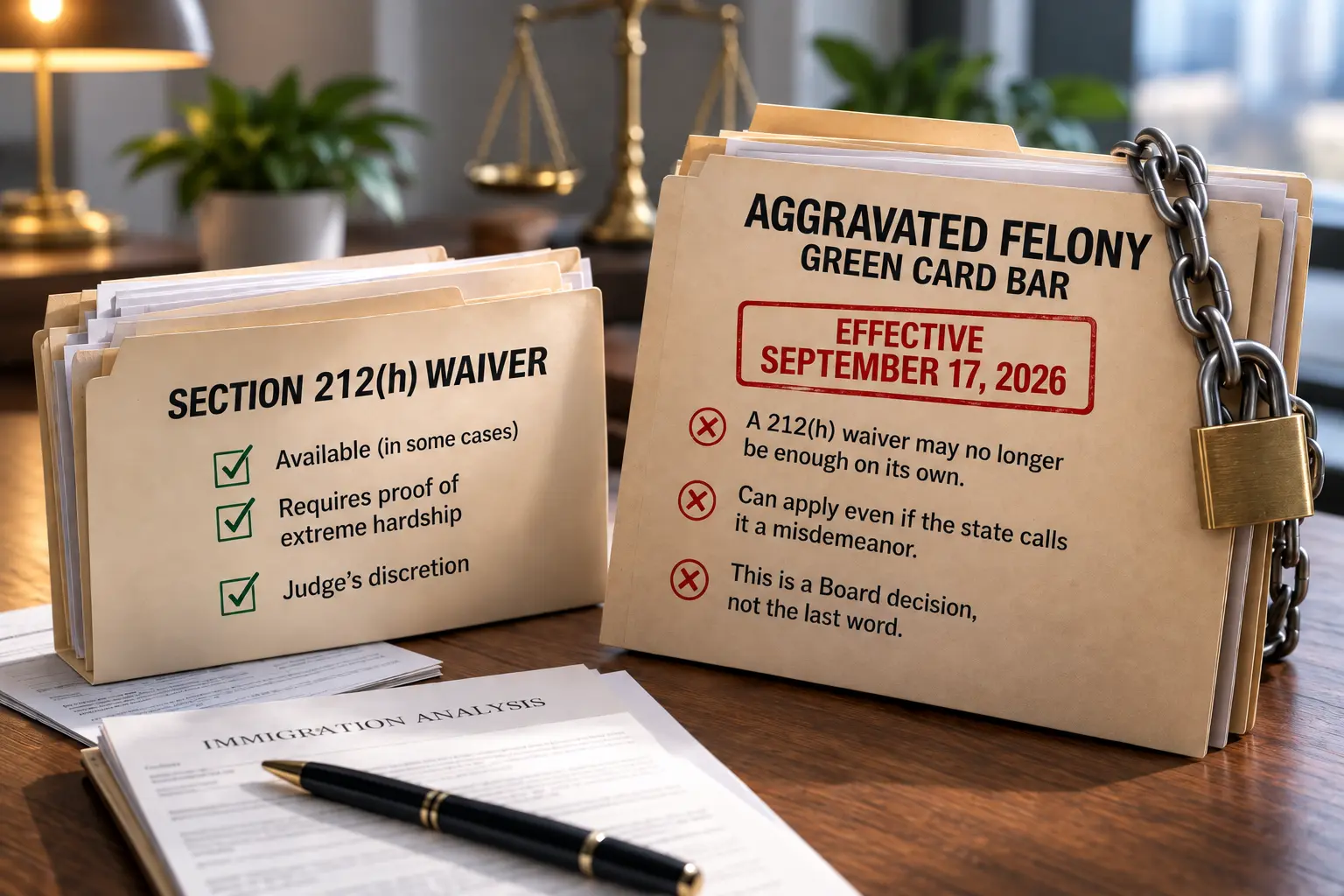 Section 212(h) waiver case file next to a chained and padlocked file marked aggravated felony green card bar, effective September 17, 2026