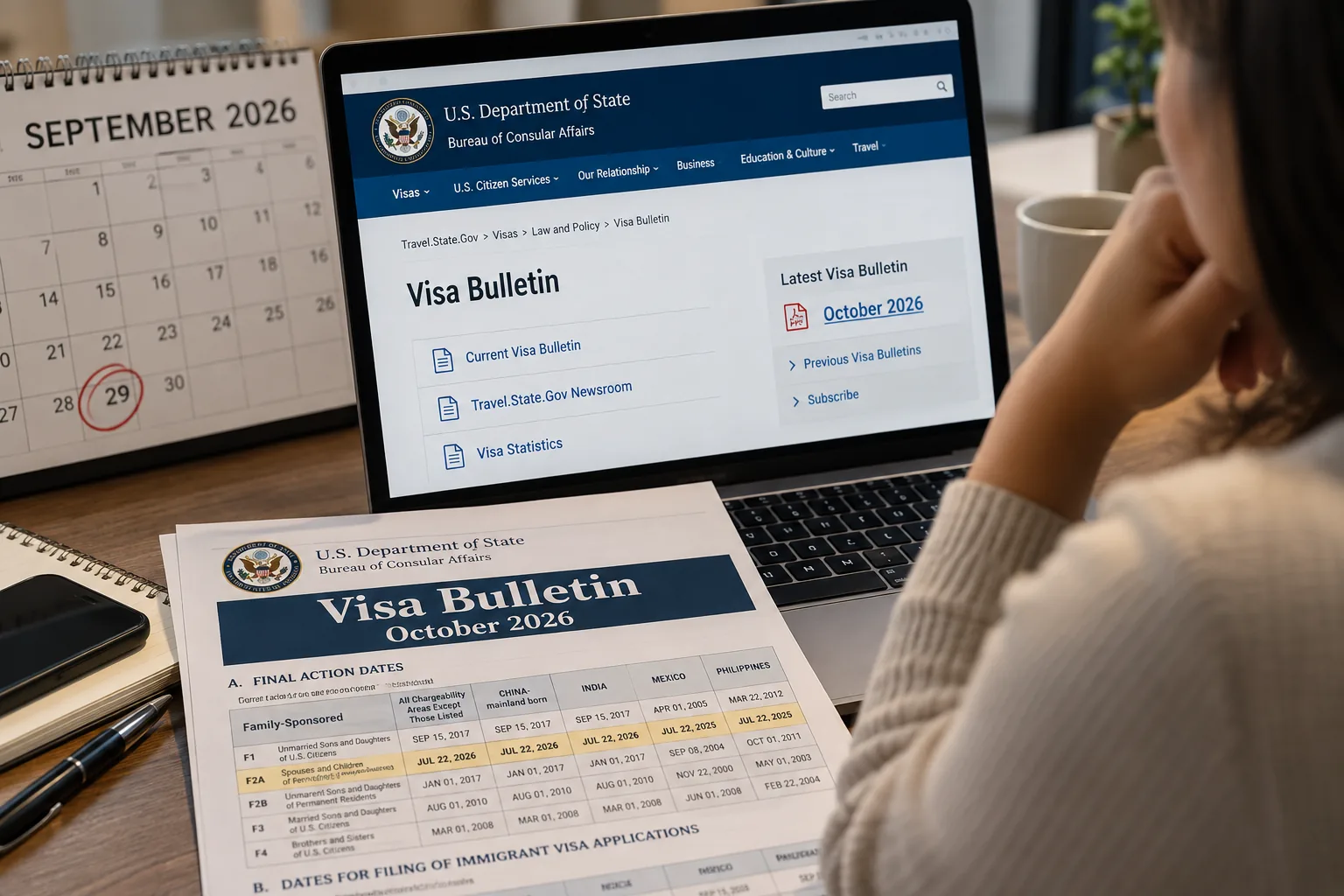 Person at a desk reading the Visa Bulletin page on a laptop, with a printed October 2026 bulletin and a September calendar with the 29th circled